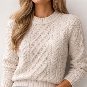 Aran Sweater Market 100% Merino Wool Cableknit Crew Neck Sweater Sz S Fisherman